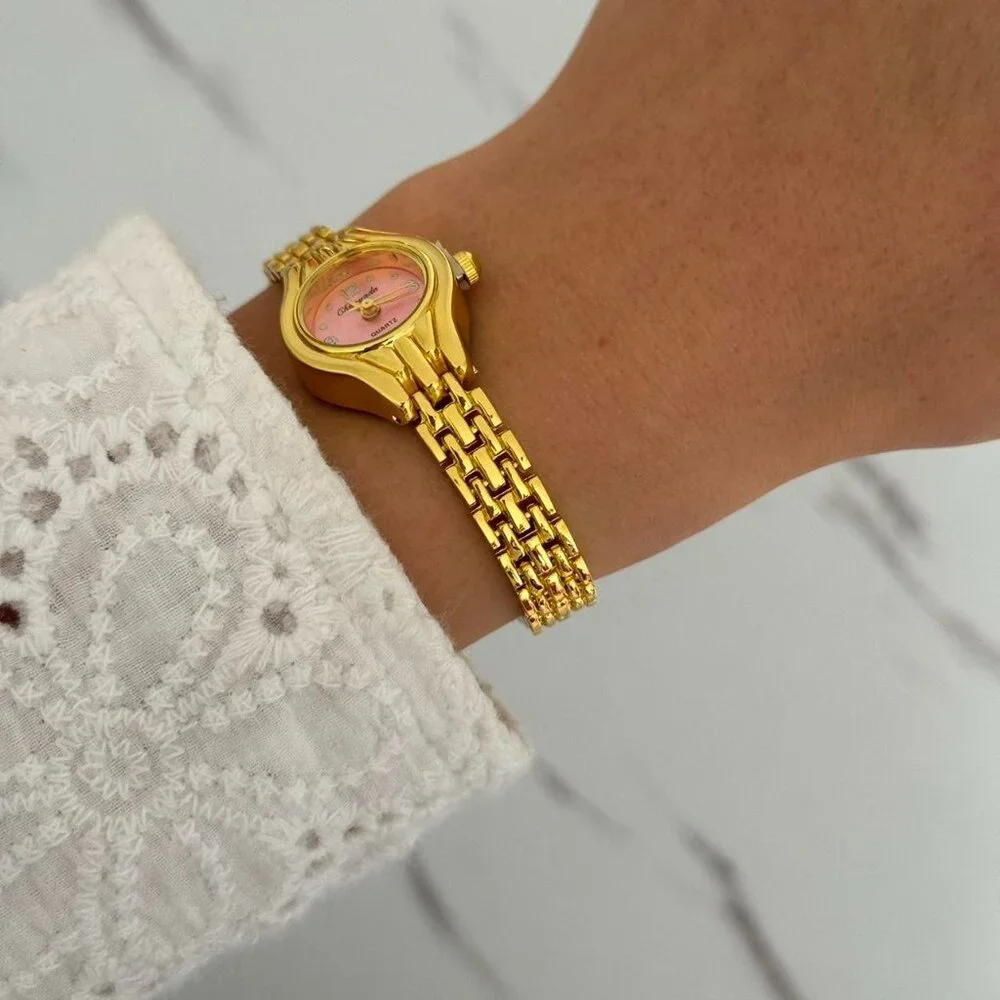 Sku:0364 vintage style mini gold pink women watch bracelet‎ + in a gift box